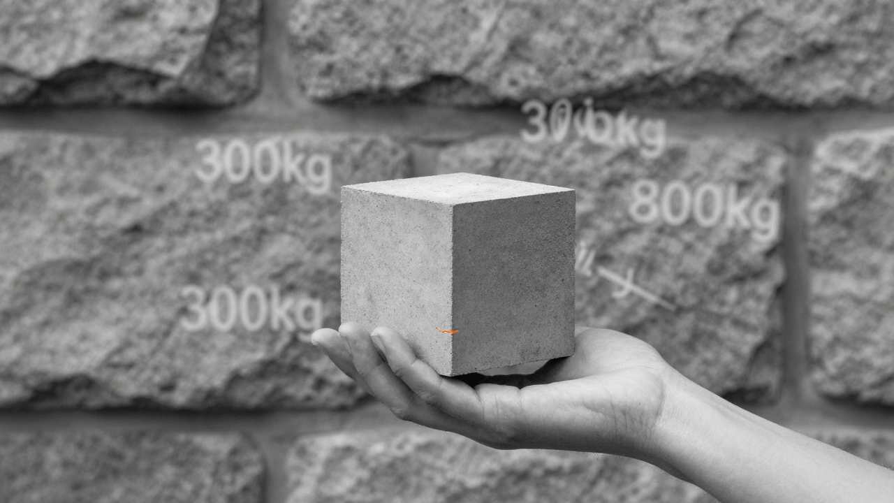 Кубик бетона с числовыми обозначениями пропорций, символизирующий прочность через точность.