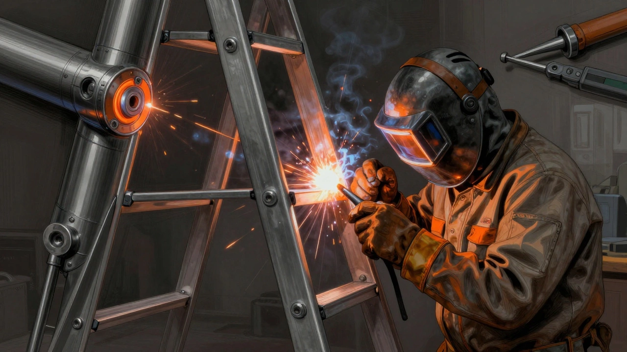 Мастер собирает металлическую лестницу, сварочные швы светятся в темноте, инструменты вокруг.