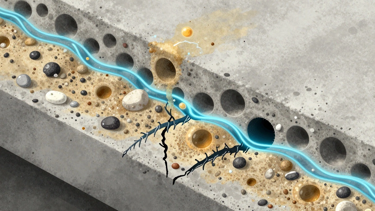 Микроскопический разрез бетона с волокнами и уменьшенными порами