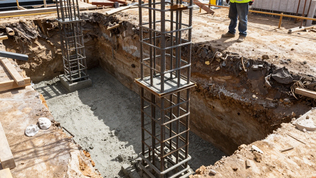 Монтаж столба забора в бетонный фундамент с арматурой