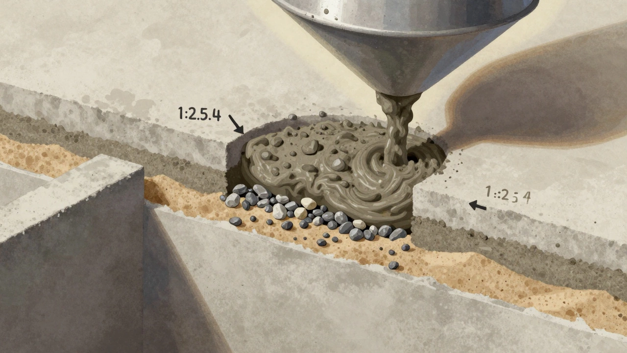 Разрез фундамента с слоями цемента, песка и щебня, подчеркивающими правильные пропорции.
