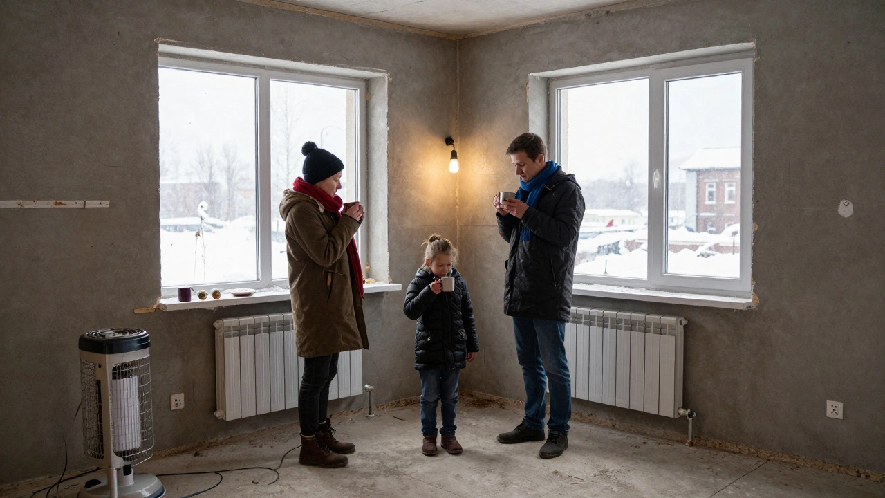 Семья пьет чай в полуостывшем доме, свет включён, радиатор греет, снег за окном.