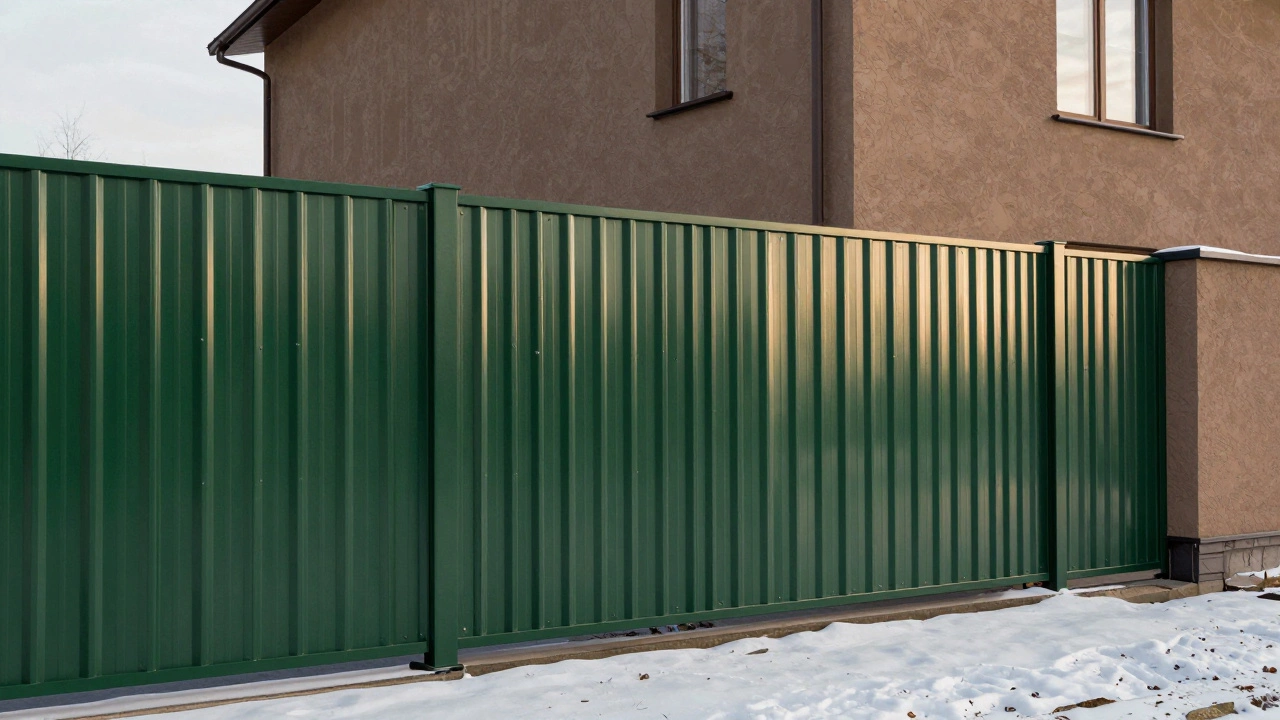 Современный дом с забором из профлиста под тёплым солнечным светом.