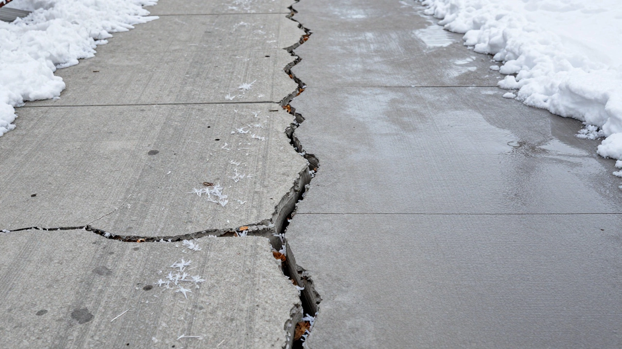 Сравнение треснувшего и прочного бетона под зимними условиями