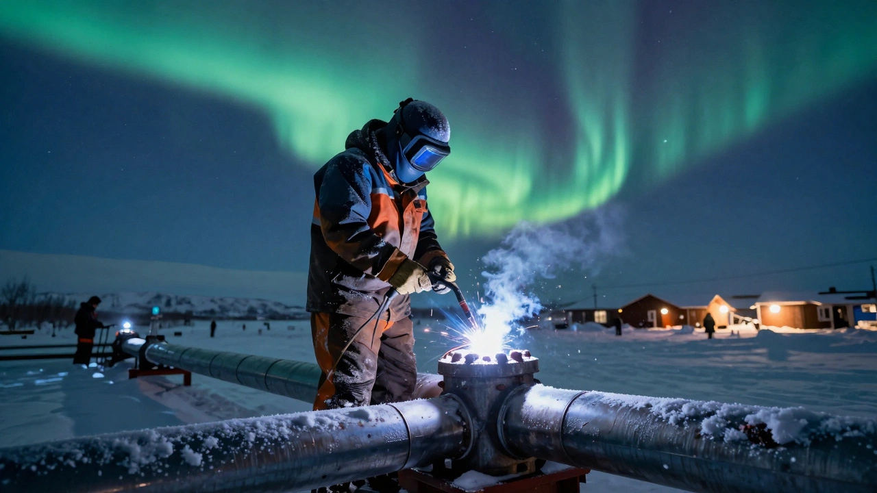 Сварщик на платформе в Ямале под северным сиянием, работает на трубопроводе, вокруг — снег, ветер и отдалённые огни лагеря.