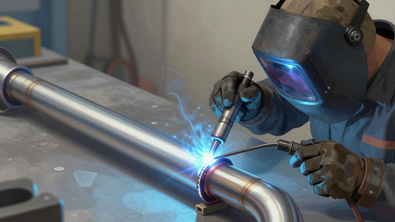 Тонкая алюминиевая труба сваривается методом TIG, виден чистый шов и поток аргона в мастерской.