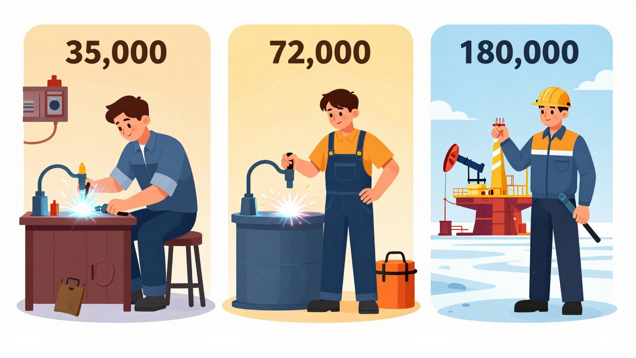 Три этапа карьеры сварщика: начинающий, опытный специалист и эксперт на Арктическом объекте, изображённые в одинаковой позе с разными фонами.