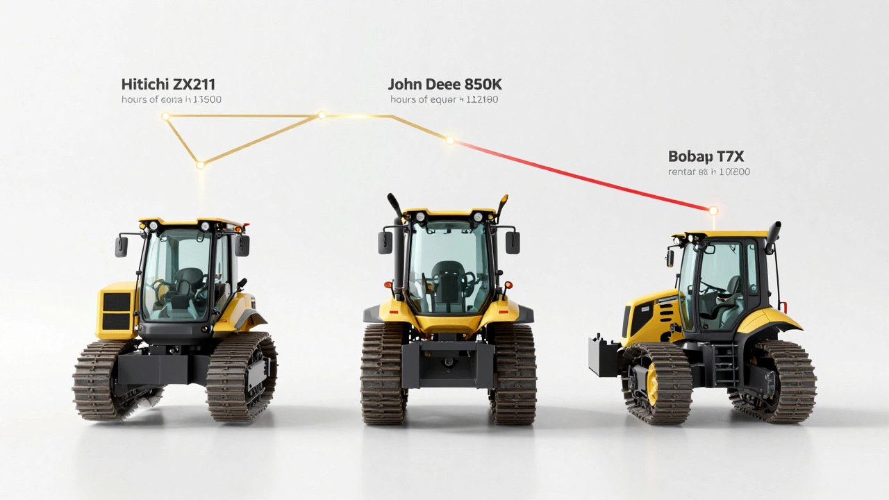 Три строительные машины с графиком окупаемости, соединённые золотыми линиями на белом фоне.