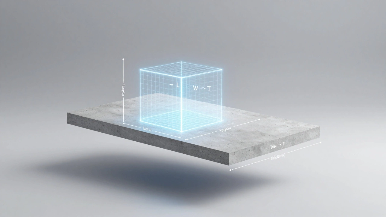 3D-визуализация объема бетонной плиты с обозначением длины, ширины и толщины