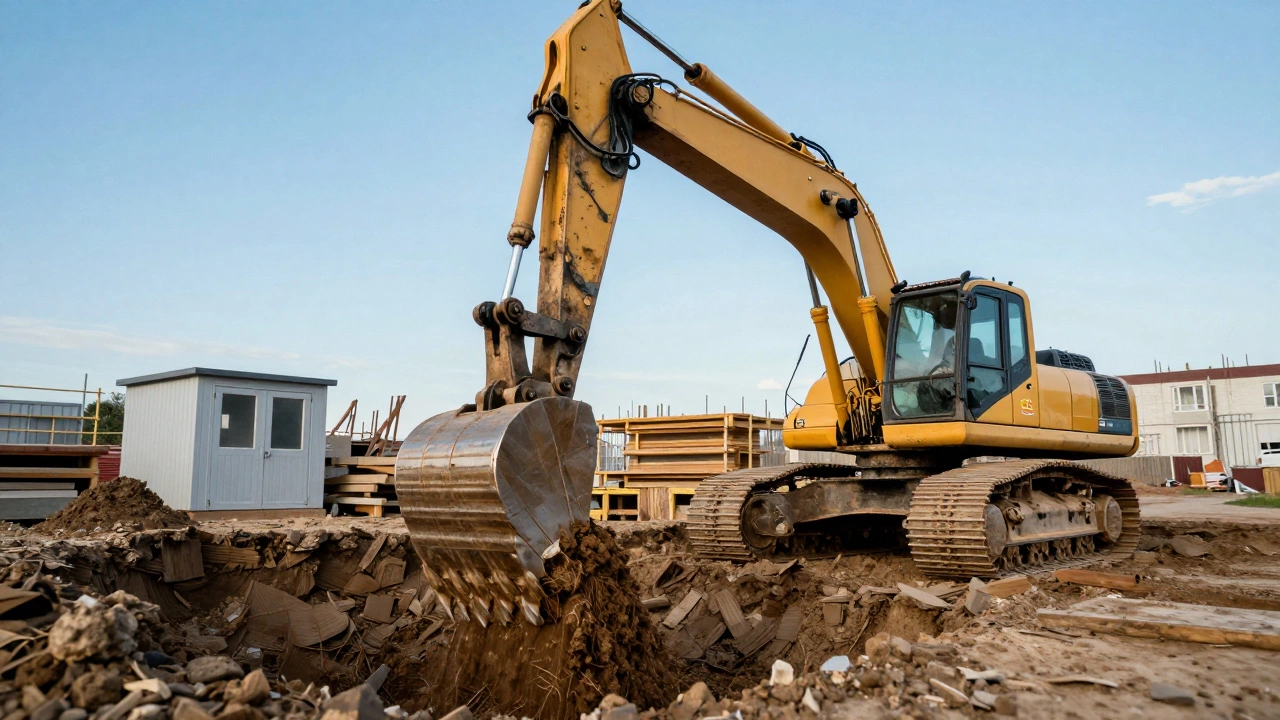 Экскаватор роет котлован под фундамент жилого дома