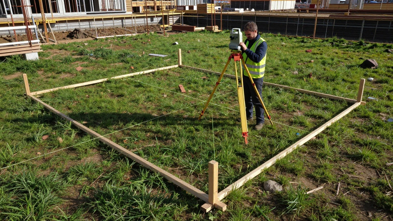 Геодезист размечает границы будущего дома с помощью теодолита