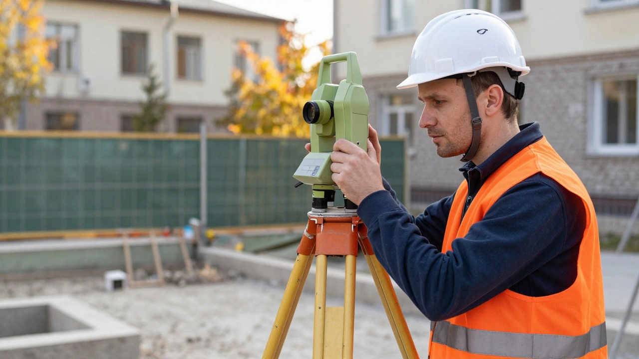 Геодезист с оборудованием проводит замеры во дворе старого жилого дома