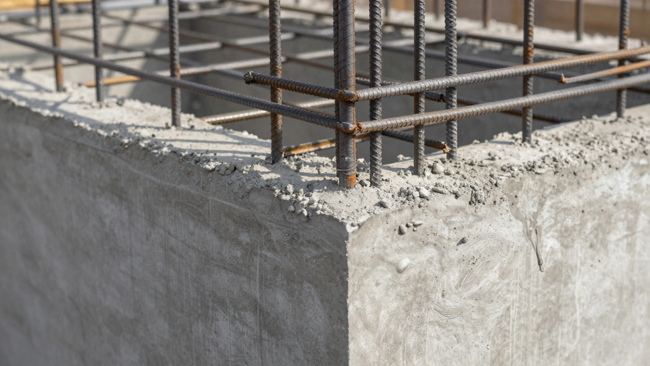 Крупный план арматурной сетки в слое свежего серого бетона