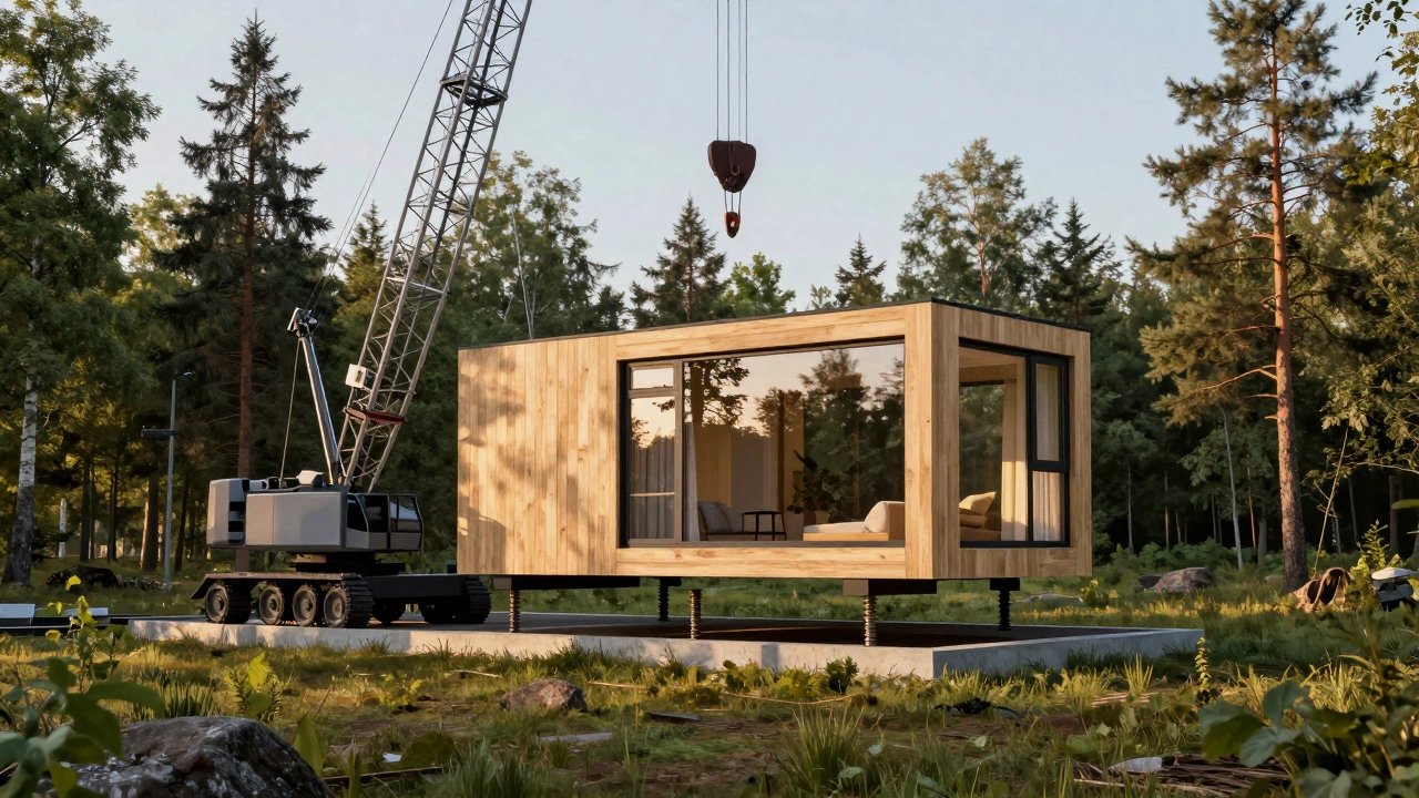Монтаж готового модуля современного дома с помощью крана