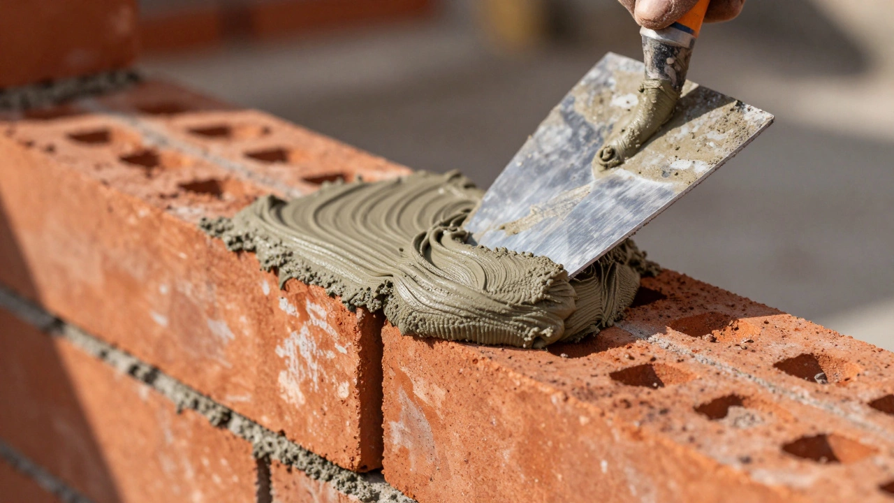Процесс кладки кирпича с использованием цементного раствора М400
