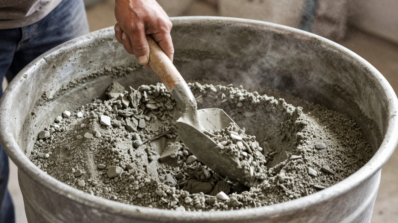 Процесс ручного перемешивания цемента и песка лопатой в металлическом корыте