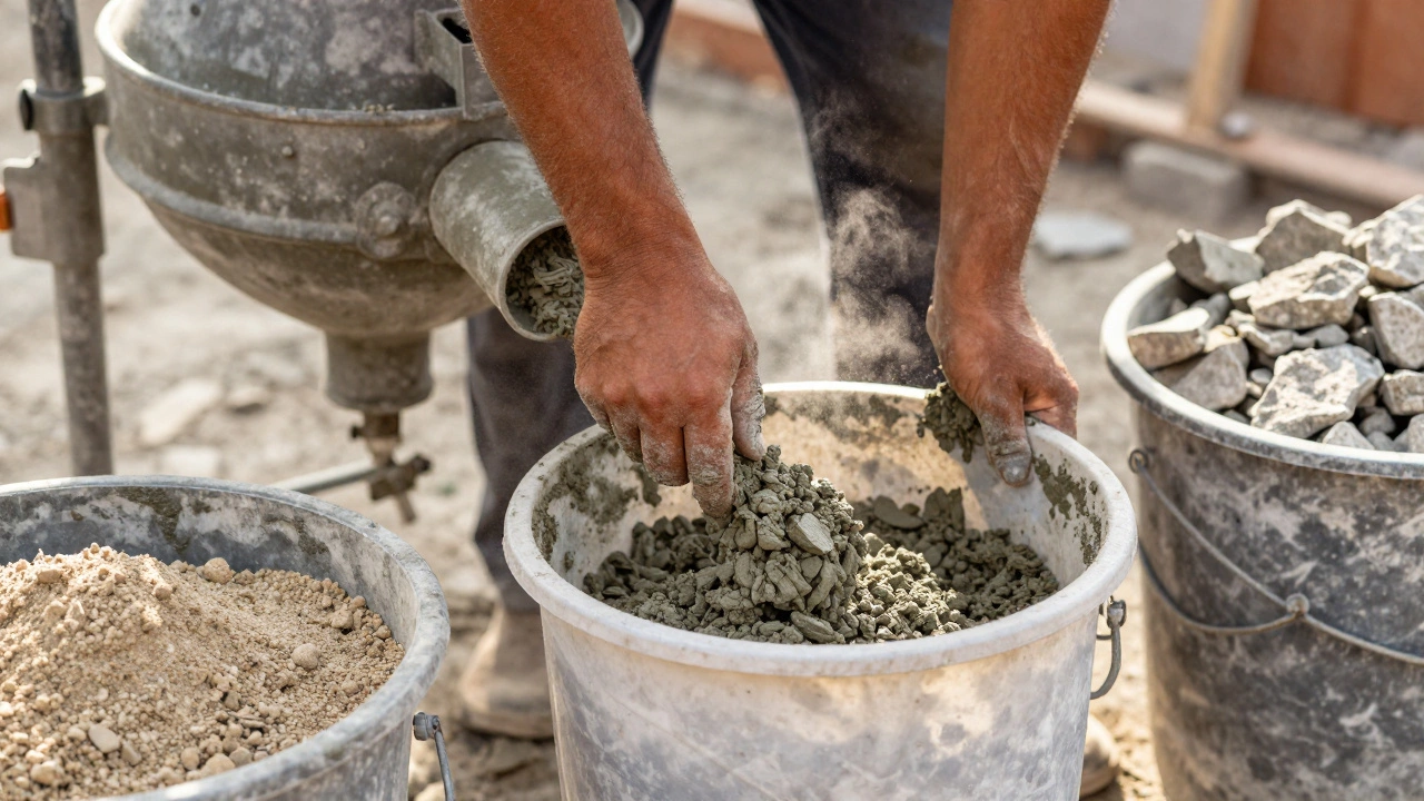 Процесс замеса бетона с использованием ведра для соблюдения пропорций
