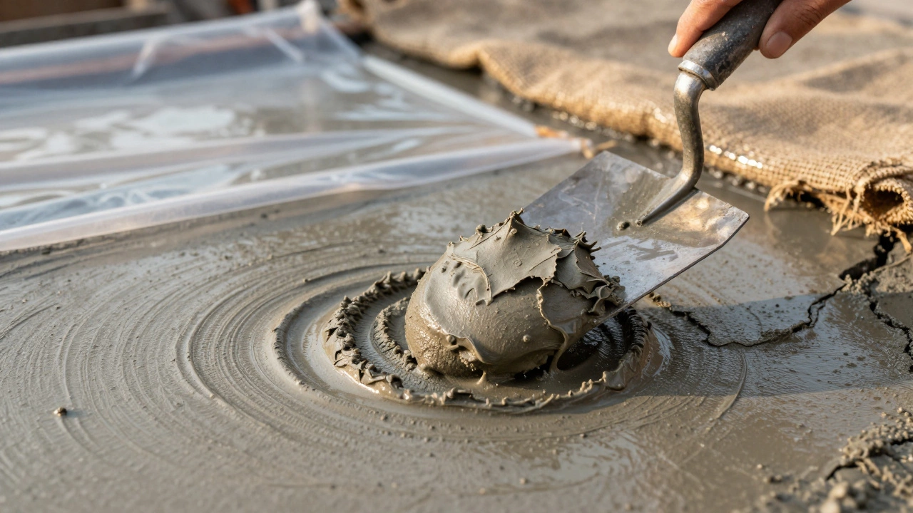 Проверка консистенции готового бетона мастерком и уход за свежей заливкой