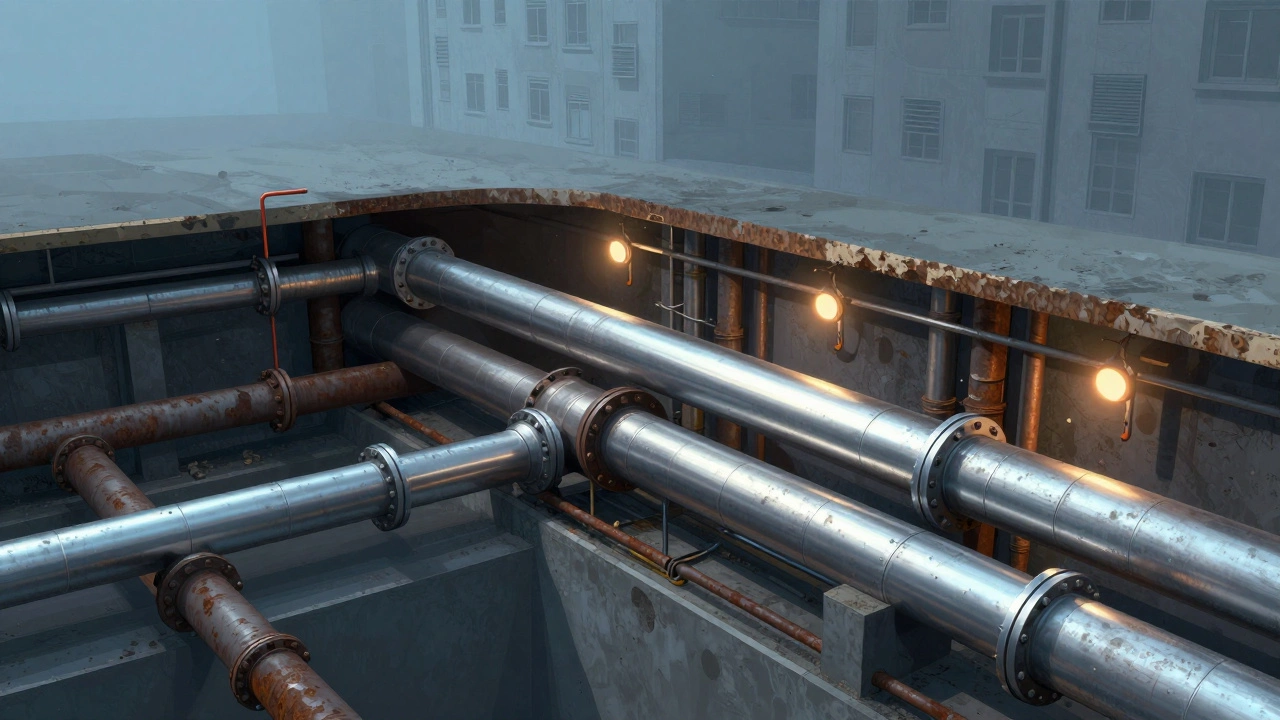 Схематичное изображение замены старых инженерных сетей на новые под землей