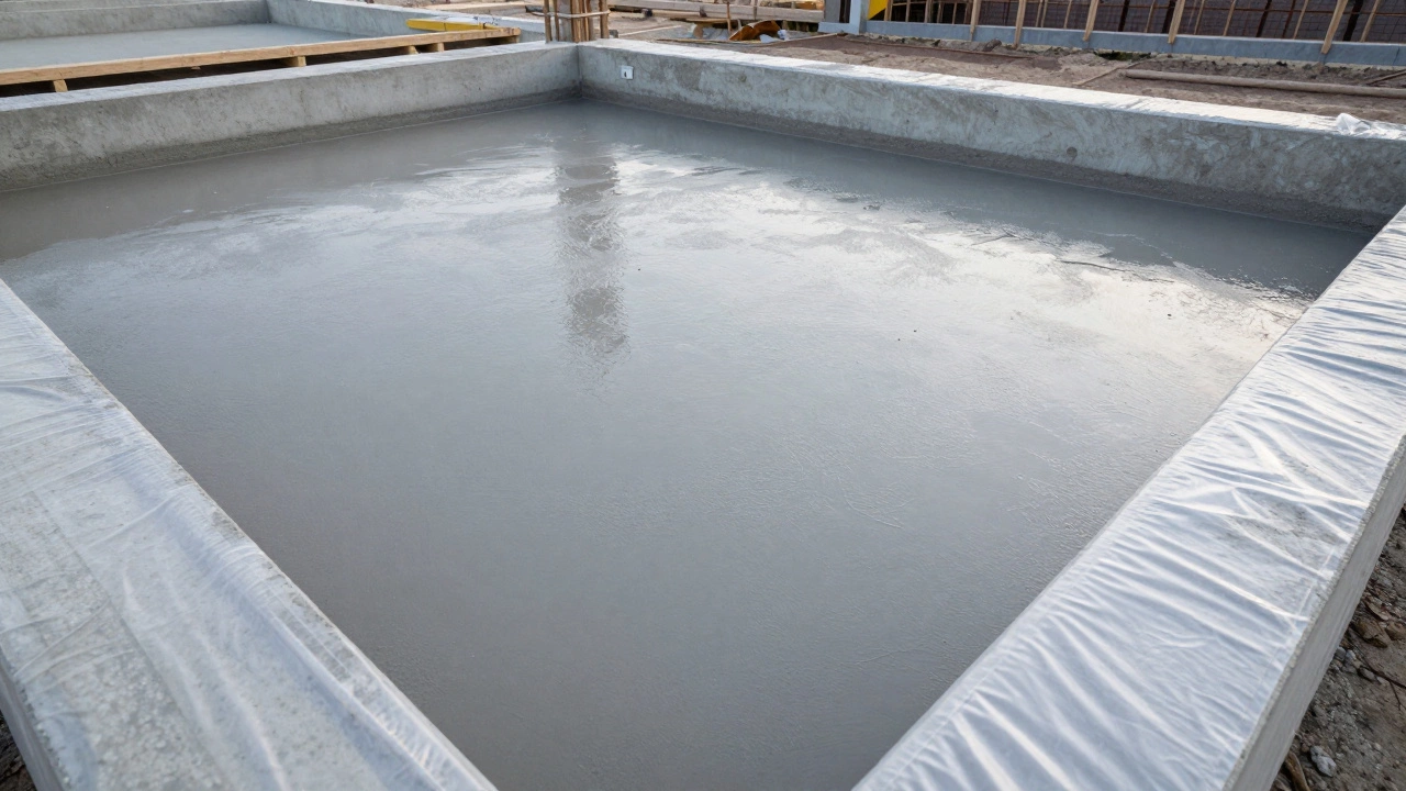 Залитый бетонный фундамент, накрытый защитной пленкой для правильного застывания