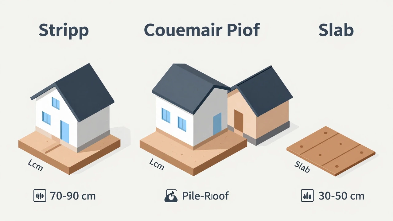 Modern infographic comparing four foundation types for two-story houses (Strip, Columnar, Pile-Roof, Slab) with 3D models and recommended plinth heights in centimeters, using clean vector graphics and distinct colors for professional presentation.