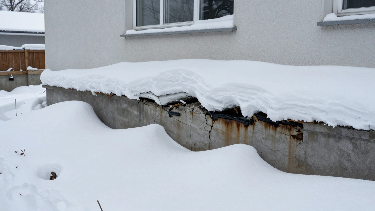 Photorealistic depiction of a damaged low foundation (<50 cm) of a two-story house buried under deep winter snow, showing dark moisture stains and cracks from freeze-thaw cycles, contrasting with a healthy higher foundation in the background.