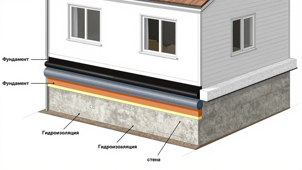Technical cross-section diagram of a two-story house foundation showing underground depth below frost line, 70-100 cm above-ground plinth, reinforced concrete, vertical and horizontal waterproofing layers, and exterior insulation, with Russian labels for educational purposes.